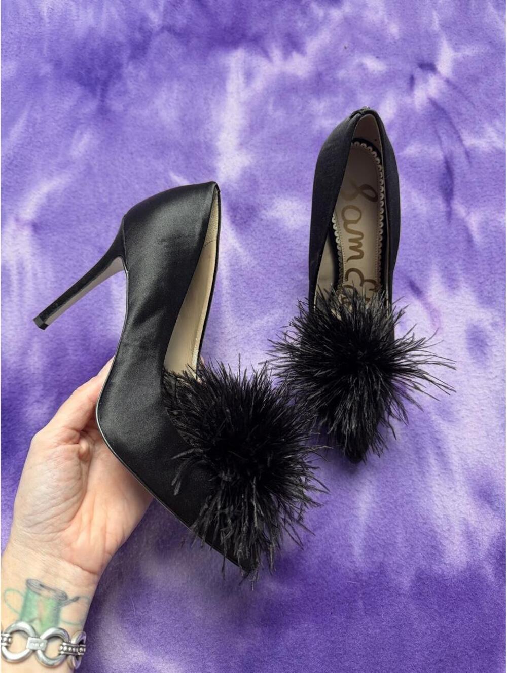 Sam Edelman haide black satin heels with black feather pom-poms